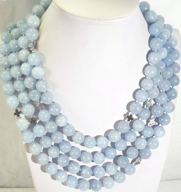 Aquamarine necklace with Greek crosses (protection & balance) - hematite - 925 silver brooch