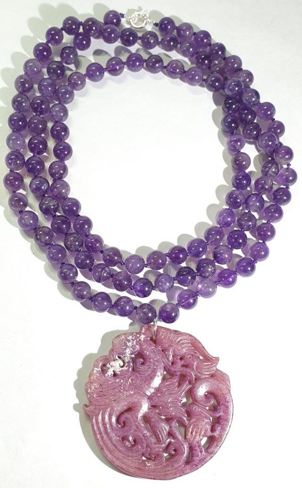 Amethyst & agate - mala meditation necklace - 925 silver brooch - Dragon and Phoenix - symbol of fidelity & marital love - Image 5