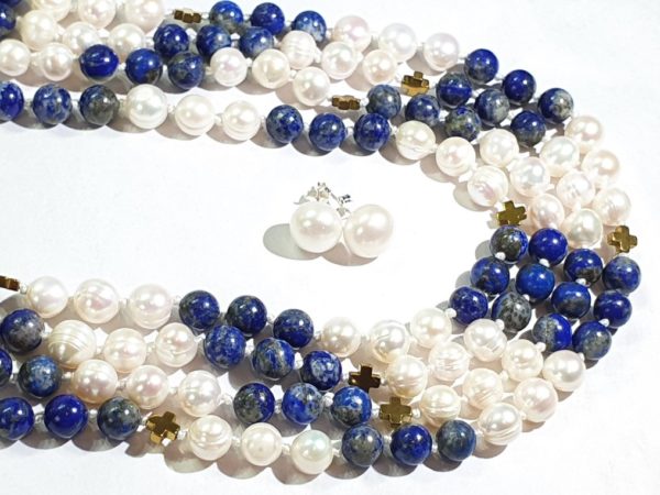 Beautiful natural lapis lazuli and freshwater pearls - AAAA - with Greek crosses - Image 24
