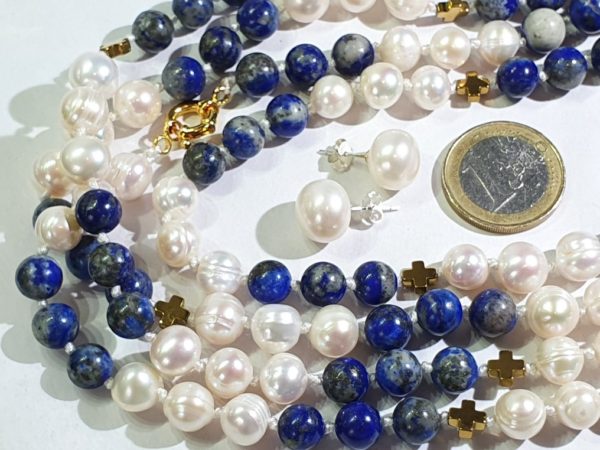 Beautiful natural lapis lazuli and freshwater pearls - AAAA - with Greek crosses - Image 13