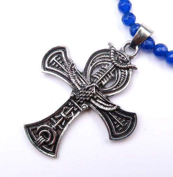 Eye of Horus and sacred beetle - Protection and immortalityNecklace of sapphire pearls and silver adorned with an Egyptian Ankh cross of life - 925 silver clasp and beads, - Image 5
