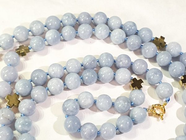 Aquamarine (12mm) necklaceA spectacular long necklace of gold plated hematite Greek crosses (protection & balance) and large aquamarines of the highest quality - Image 7