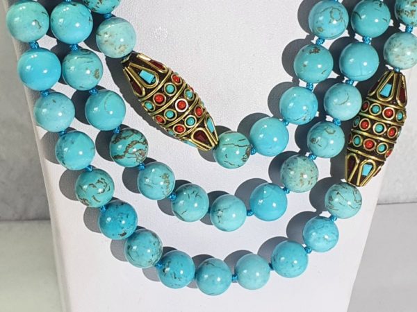 Necklace & bracelet Giant turquoise - Buddhist protection amulets - good luck, health & fortune (2) - metal, enamels
