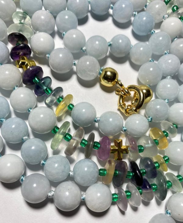NATURAL UNWORKED Aquamarine and Fluorite with Greek crosses from Hematite (protection and balance) .925 Sterling Silver. - Image 6