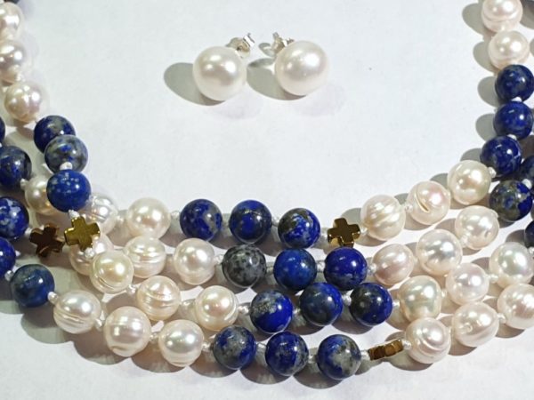 Beautiful natural lapis lazuli and freshwater pearls - AAAA - with Greek crosses - Image 8