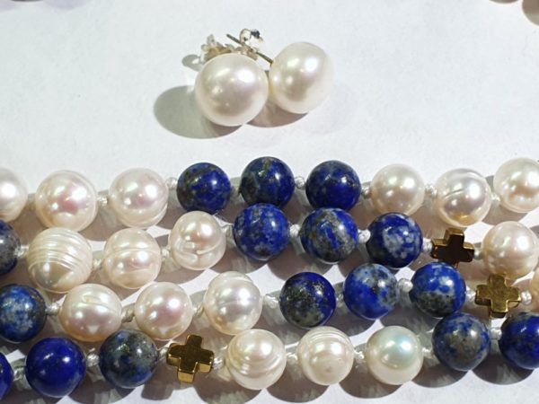 Beautiful natural lapis lazuli and freshwater pearls - AAAA - with Greek crosses - Image 6