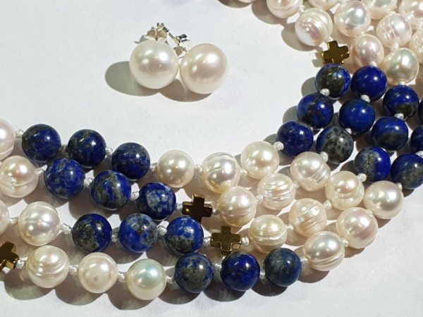 Beautiful natural lapis lazuli and freshwater pearls - AAAA - with Greek crosses - Image 39