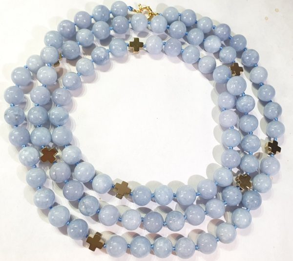 Aquamarine (12mm) necklaceA spectacular long necklace of gold plated hematite Greek crosses (protection & balance) and large aquamarines of the highest quality - Image 4