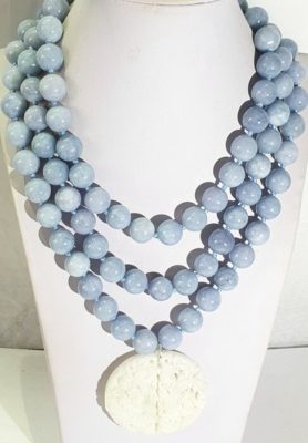 Buddhist amulet - Dragon & Phoenix - AAAA - White marble & 925 silver brooch aquamarine beads necklace -  - Symbol of marital love and fidelit