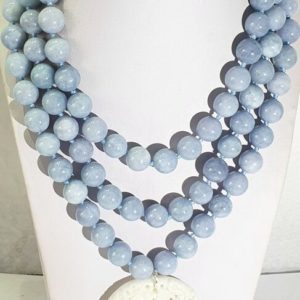 Buddhist amulet - Dragon & Phoenix - AAAA - White marble & 925 silver brooch aquamarine beads necklace -  - Symbol of marital love and fidelit