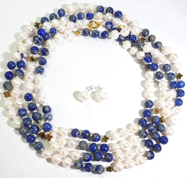 Beautiful natural lapis lazuli and freshwater pearls - AAAA - with Greek crosses - Image 16