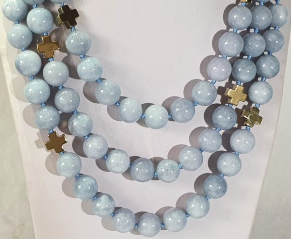 Aquamarine (12mm) necklaceA spectacular long necklace of gold plated hematite Greek crosses (protection & balance) and large aquamarines of the highest quality - Image 9