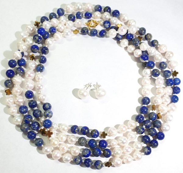 Beautiful natural lapis lazuli and freshwater pearls - AAAA - with Greek crosses - Image 37
