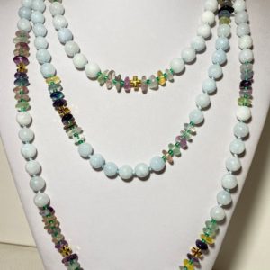 NATURAL UNWORKED Aquamarine and Fluorite with Greek crosses from Hematite (protection and balance) .925 Sterling Silver.