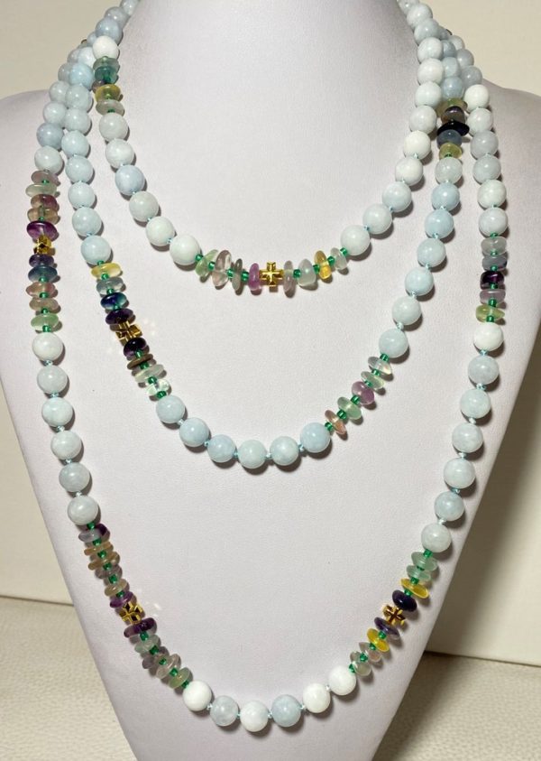 NATURAL UNWORKED Aquamarine and Fluorite with Greek crosses from Hematite (protection and balance) .925 Sterling Silver.
