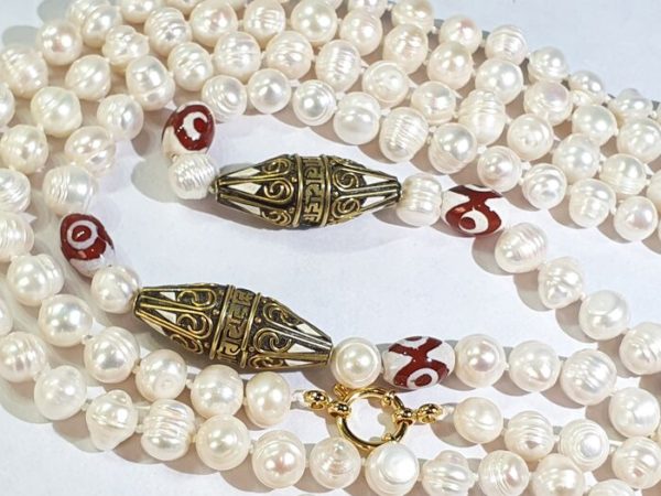 Buddhist protection amulets -  pearl necklace & bracelet - AAAA - Om - metal, enamels - 5 Three Eyes Tibetan agate dzi - Image 19