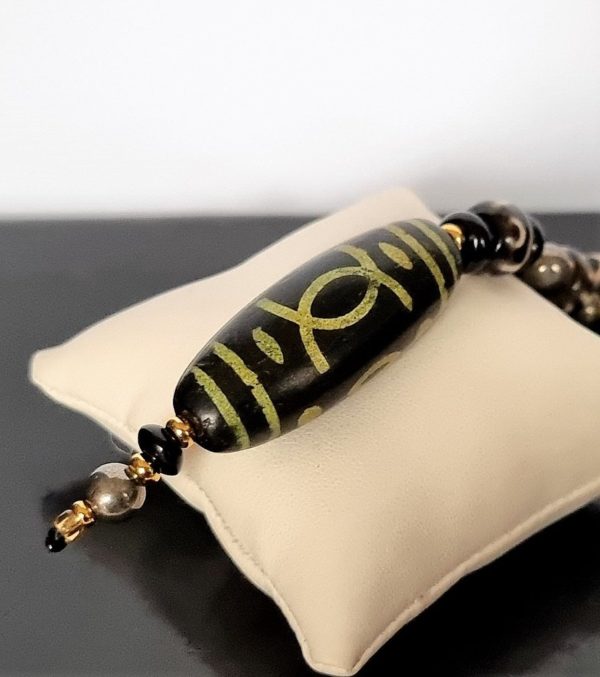 Mâlâ necklace - Buddhist - Crafted - dZi - Eye of wisdom, Sky and Earth, 3 and 2 Eyes - Mystical Energy - Stone of Shadow and Ignorance - Black Agate and Pyrite - 155.38g - Image 2