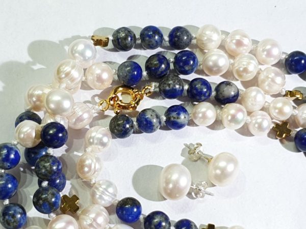 Beautiful natural lapis lazuli and freshwater pearls - AAAA - with Greek crosses - Image 15