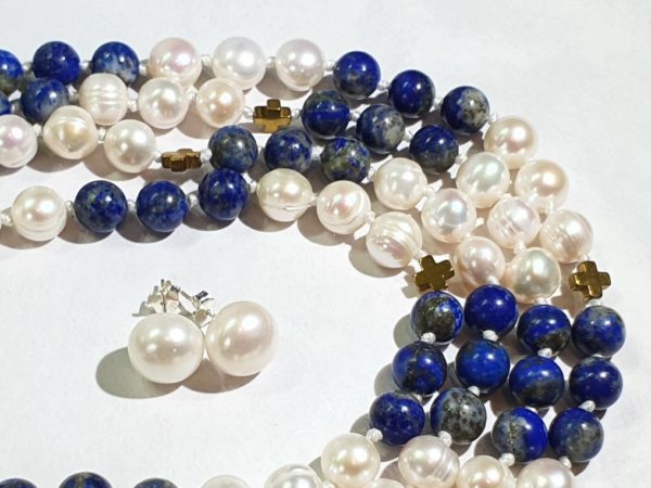 Beautiful natural lapis lazuli and freshwater pearls - AAAA - with Greek crosses - Image 2