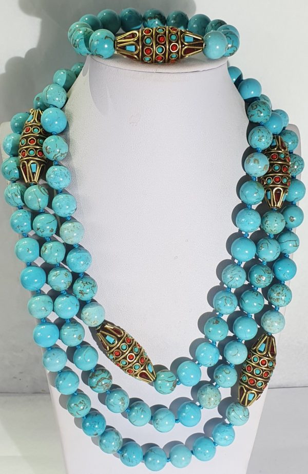 Necklace & bracelet Giant turquoise - Buddhist protection amulets - good luck, health & fortune (2) - metal, enamels - Image 4