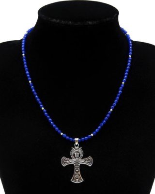 Eye of Horus and sacred beetle - Protection and immortalityNecklace of sapphire pearls and silver adorned with an Egyptian Ankh cross of life - 925 silver clasp and beads,