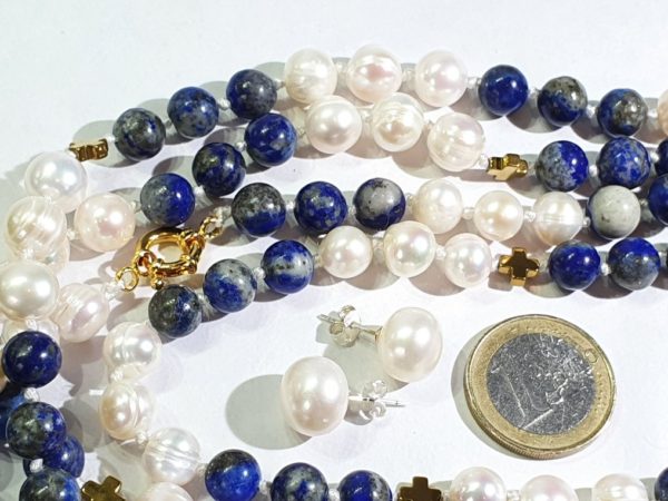 Beautiful natural lapis lazuli and freshwater pearls - AAAA - with Greek crosses - Image 32