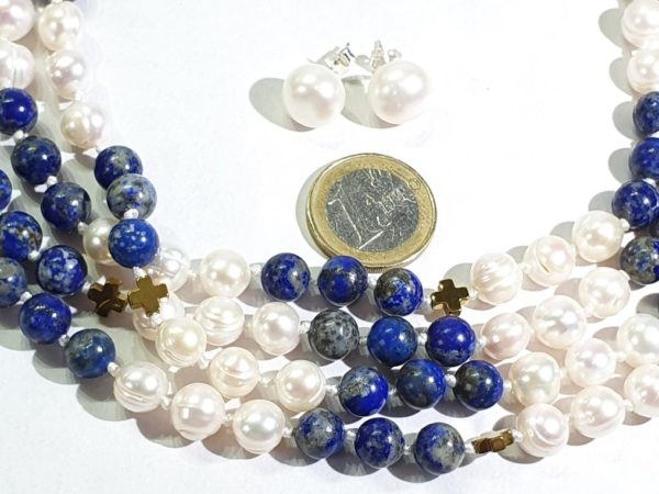 Beautiful natural lapis lazuli and freshwater pearls - AAAA - with Greek crosses - Image 28