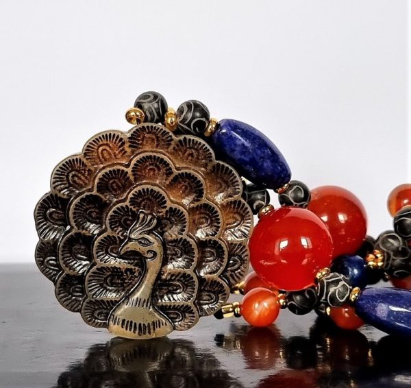 Buddhist necklace - Natural pearls - Crafted - Amulet - Fabulous bird - Phoenix (fenghuang) - Grace, virtue and immortality - Serpentine, lapis lazuli, carnelian and agate - 171.26 g - Image 7