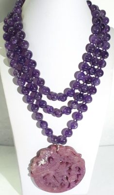 Amethyst & agate - mala meditation necklace - 925 silver brooch - Dragon and Phoenix - symbol of fidelity & marital love