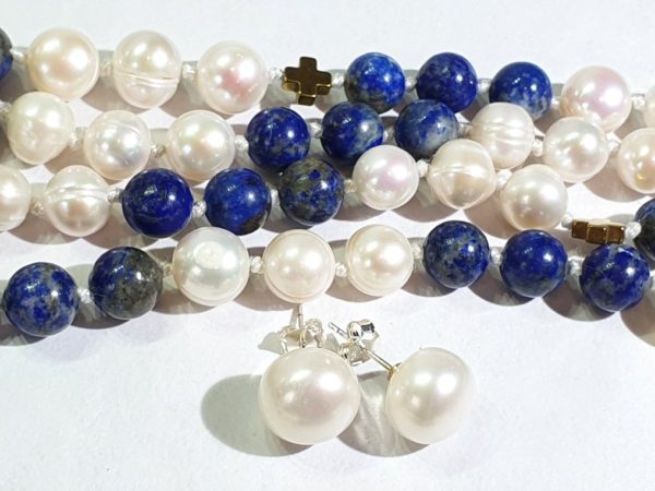 Beautiful natural lapis lazuli and freshwater pearls - AAAA - with Greek crosses - Image 17