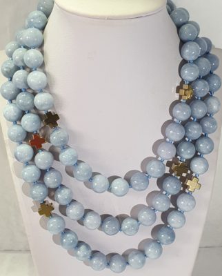 Aquamarine (12mm) necklaceA spectacular long necklace of gold plated hematite Greek crosses (protection & balance) and large aquamarines of the highest quality