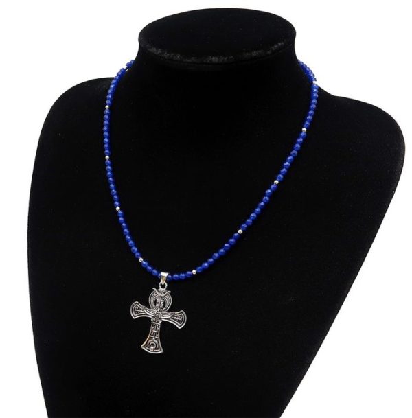Eye of Horus and sacred beetle - Protection and immortalityNecklace of sapphire pearls and silver adorned with an Egyptian Ankh cross of life - 925 silver clasp and beads, - Image 4