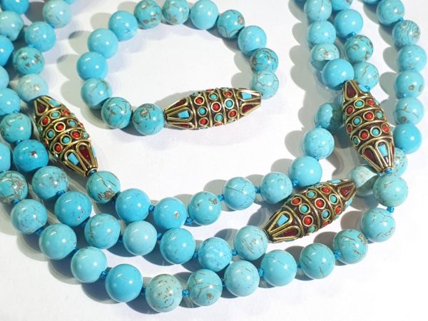 Necklace & bracelet Giant turquoise - Buddhist protection amulets - good luck, health & fortune (2) - metal, enamels - Image 2