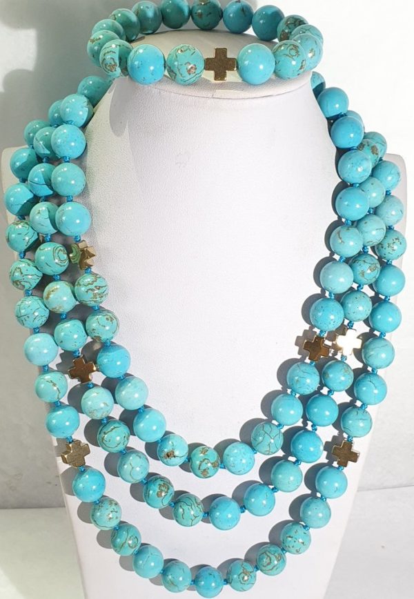 Giant turquoisenite  necklace & bracelet (2) - hematite - gold plated 925 brooch -