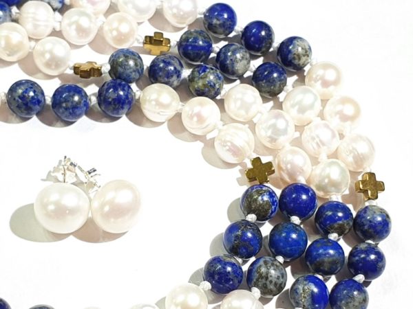 Beautiful natural lapis lazuli and freshwater pearls - AAAA - with Greek crosses - Image 18