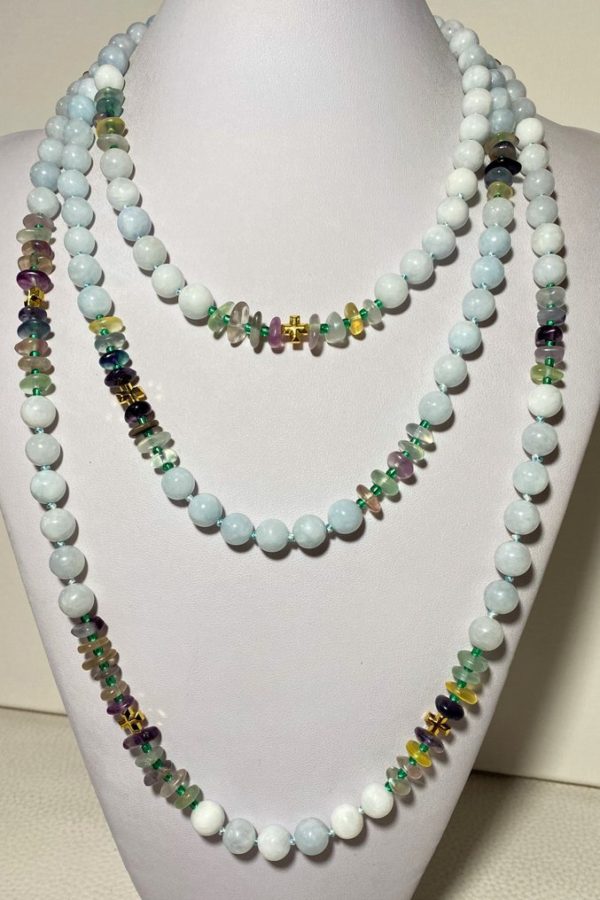 NATURAL UNWORKED Aquamarine and Fluorite with Greek crosses from Hematite (protection and balance) .925 Sterling Silver. - Image 3