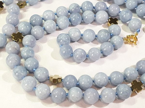 Aquamarine (12mm) necklaceA spectacular long necklace of gold plated hematite Greek crosses (protection & balance) and large aquamarines of the highest quality - Image 5