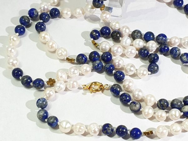 Beautiful natural lapis lazuli and freshwater pearls - AAAA - with Greek crosses - Image 11
