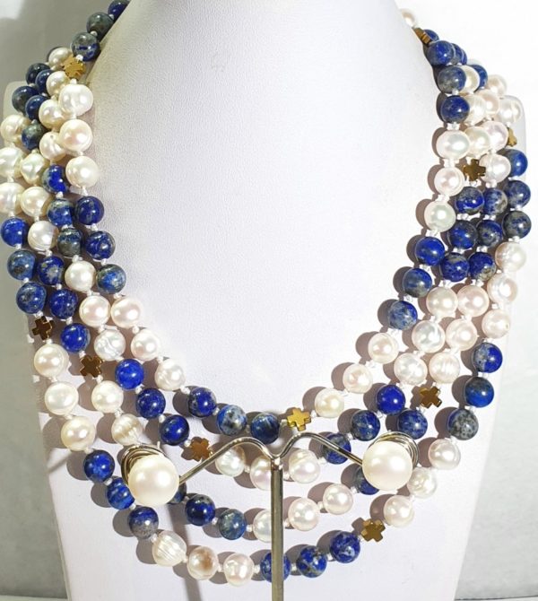 Beautiful natural lapis lazuli and freshwater pearls - AAAA - with Greek crosses - Image 4