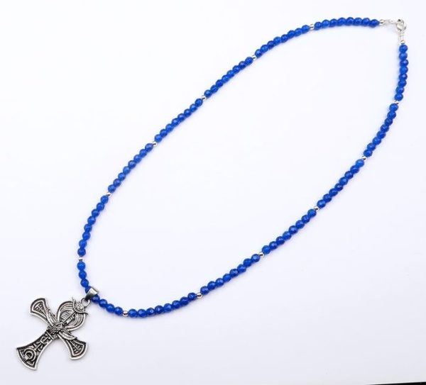 Eye of Horus and sacred beetle - Protection and immortalityNecklace of sapphire pearls and silver adorned with an Egyptian Ankh cross of life - 925 silver clasp and beads, - Image 2